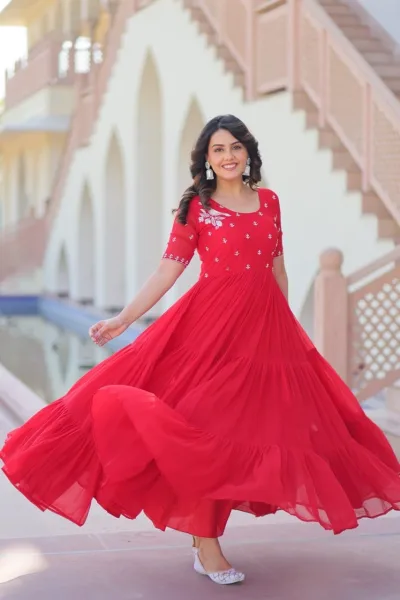Elegant Red Embroidered Tiered Anarkali Gown with Flowy Flared Design